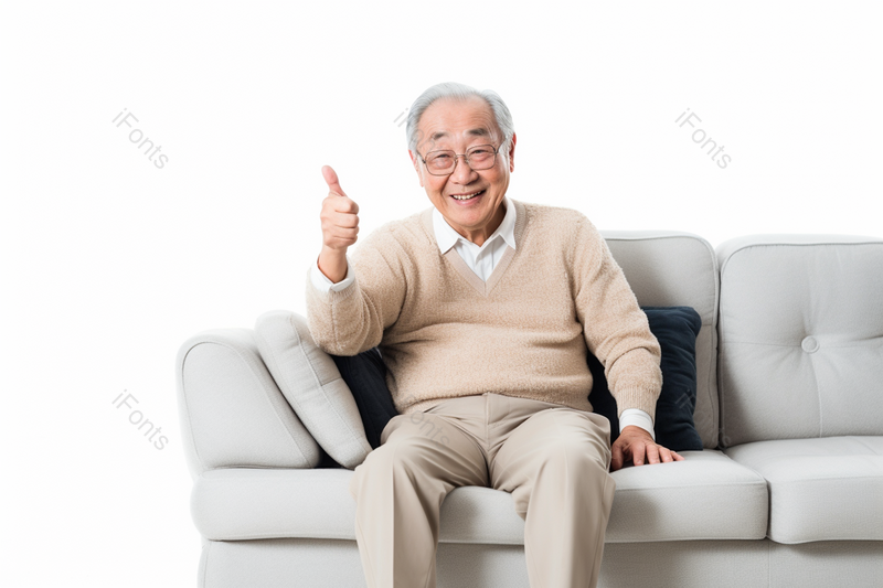 室内坐在沙发上的老人点赞,高清,摄影图,摄影图片,图片大全,摄影图免费下载